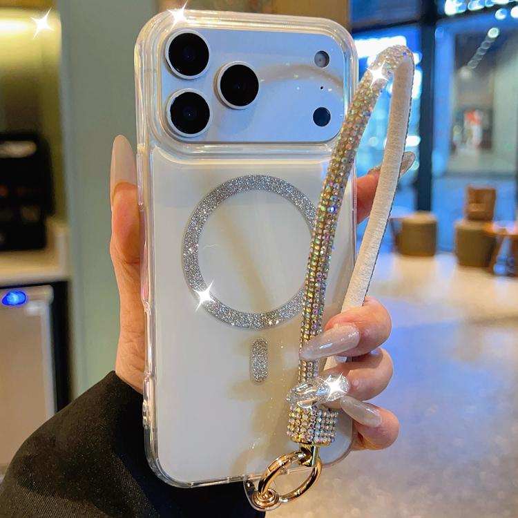 Custodia per telefono UTRYEE con anello magnetico glitterato e cinturino da polso con strass, For iPhone 17 Pro Max, For iPhone 17 Pro, For iPhone 17