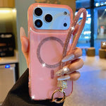 Custodia per telefono UTRYEE con anello magnetico glitterato e cinturino da polso con strass, For iPhone 17 Pro Max, For iPhone 17 Pro, For iPhone 17