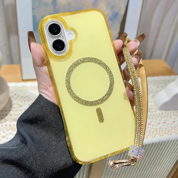 Custodia per telefono UTRYEE con anello magnetico glitterato e cinturino da polso con strass, For iPhone 16 Pro Max, For iPhone 16 Pro, For iPhone 16