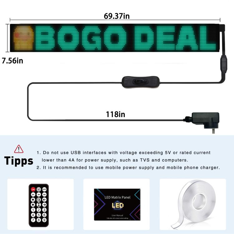 Schermo a matrice LED flessibile, ultra sottile, impermeabile e programmabile, da 16 x 192 pixel., EU Plug, UK Plug, US Plug, USB Plug