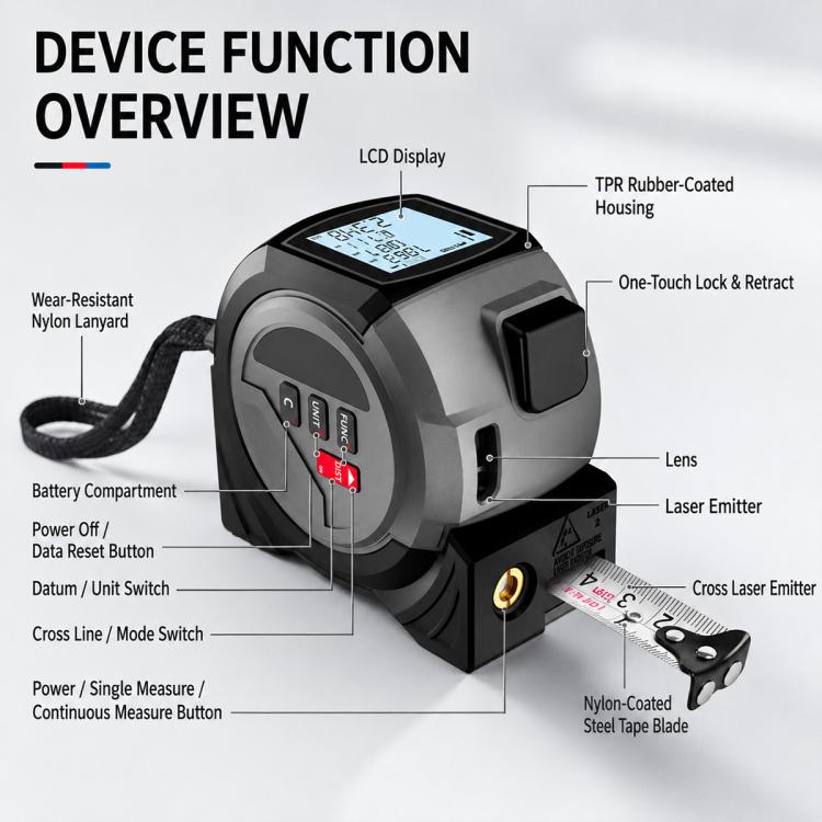 Telemetro laser portatile 3 in 1 con metro a nastro 5 m