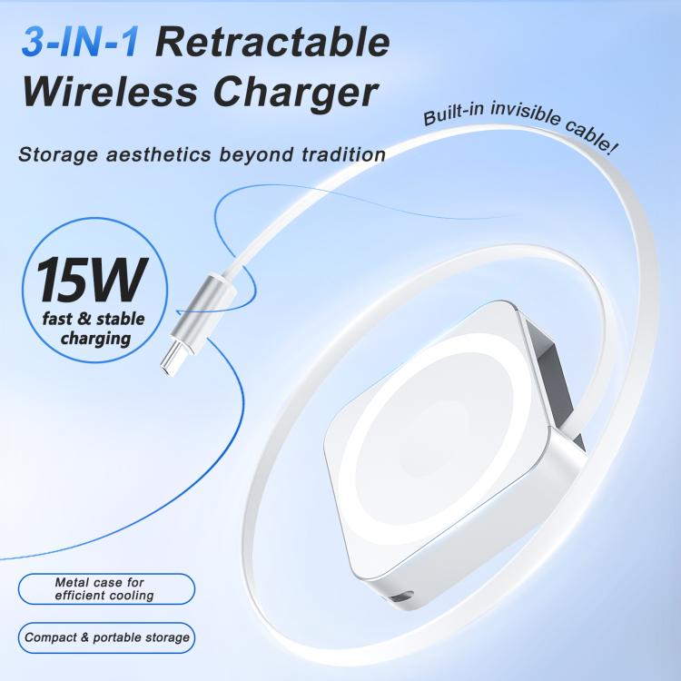 Caricabatterie wireless magnetico 3 in 1 da 15 W con cavo Type-C retrattile