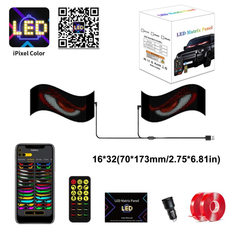 Schermo a matrice LED flessibile ultra sottile e impermeabile Demon Eye Car, 16 x 32 USB set, 16 x 64 USB set, 20 x 64 USB set, 16 x 96 USB set