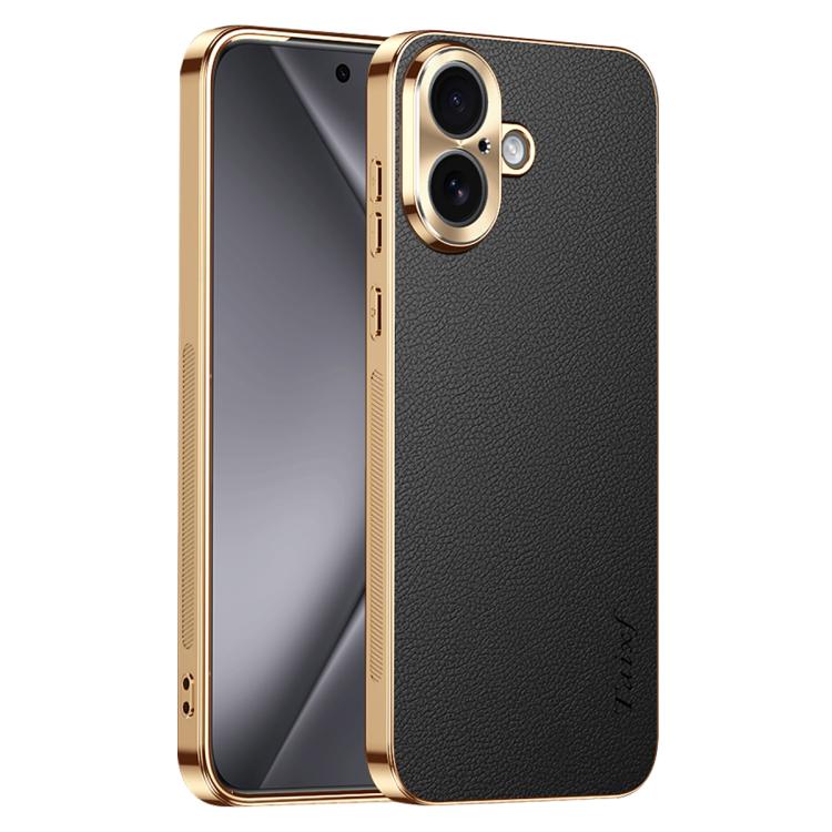 Cornice galvanizzata con texture litchi in PC + TPU, custodia per telefono in similpelle vegana., For iPhone 17 Pro Max, For iPhone 17 Pro, For iPhone 17, For iPhone Air