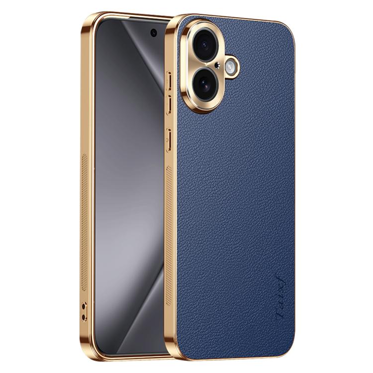 Cornice galvanizzata con texture litchi in PC + TPU, custodia per telefono in similpelle vegana., For iPhone 17 Pro Max, For iPhone 17 Pro, For iPhone 17, For iPhone Air