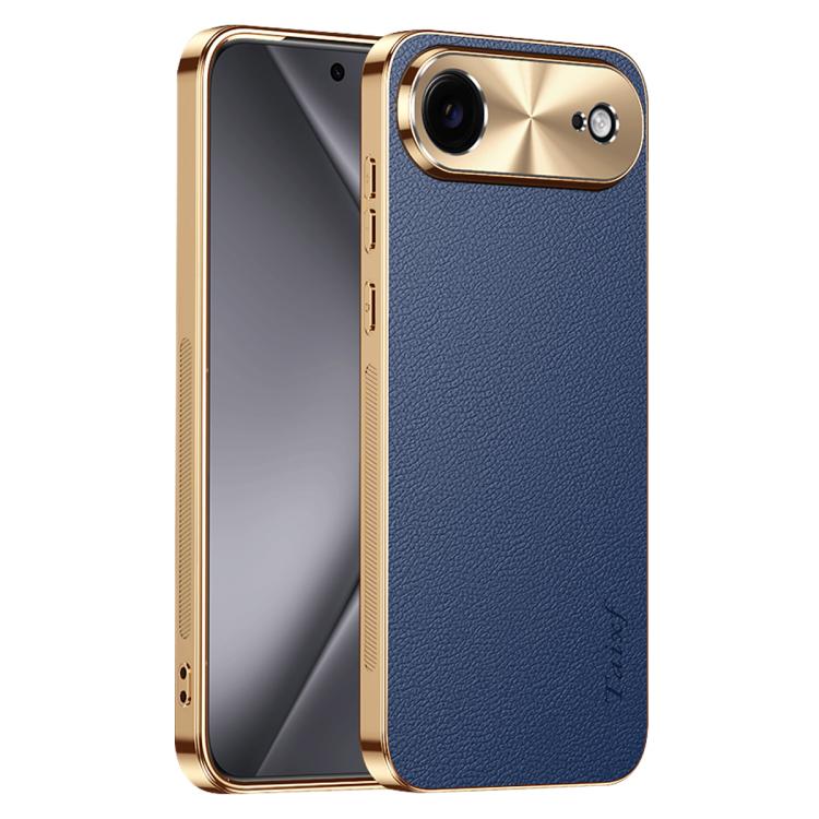 Cornice galvanizzata con texture litchi in PC + TPU, custodia per telefono in similpelle vegana., For iPhone 17 Pro Max, For iPhone 17 Pro, For iPhone 17, For iPhone Air