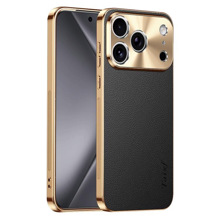 Cornice galvanizzata con texture litchi in PC + TPU, custodia per telefono in similpelle vegana., For iPhone 17 Pro Max, For iPhone 17 Pro, For iPhone 17, For iPhone Air