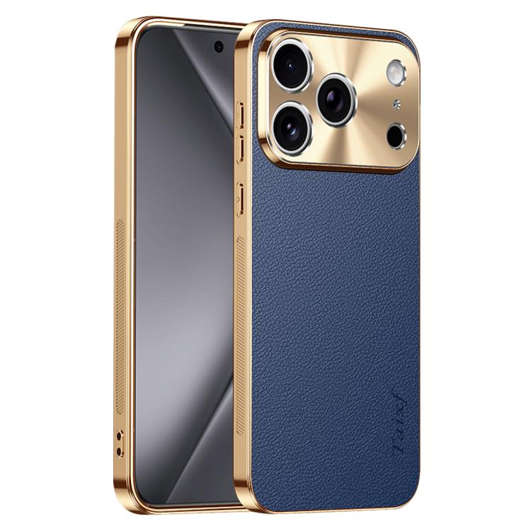 Cornice galvanizzata con texture litchi in PC + TPU, custodia per telefono in similpelle vegana., For iPhone 17 Pro Max, For iPhone 17 Pro, For iPhone 17, For iPhone Air