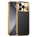 Cornice galvanizzata con texture litchi in PC + TPU, custodia per telefono in similpelle vegana., For iPhone 17 Pro Max, For iPhone 17 Pro, For iPhone 17, For iPhone Air