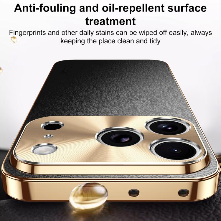 Cornice galvanizzata con texture litchi in PC + TPU, custodia per telefono in similpelle vegana., For iPhone 17 Pro Max, For iPhone 17 Pro, For iPhone 17, For iPhone Air