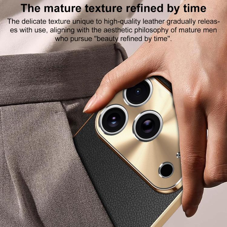 Cornice galvanizzata con texture litchi in PC + TPU, custodia per telefono in similpelle vegana., For iPhone 17 Pro Max, For iPhone 17 Pro, For iPhone 17, For iPhone Air