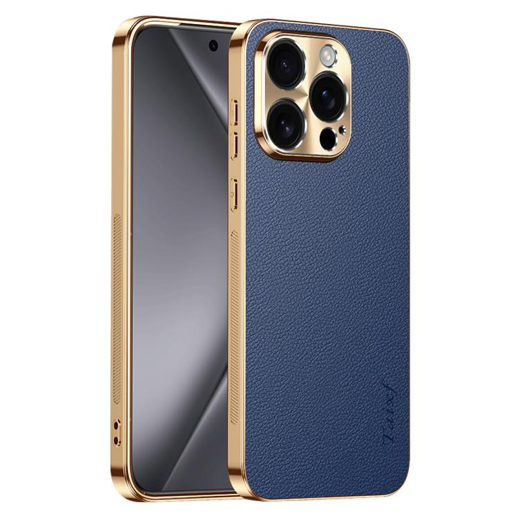 Cornice galvanizzata con texture litchi in PC + TPU, custodia per telefono in similpelle vegana., For iPhone 15 Pro Max, For iPhone 15 Pro, For iPhone 15