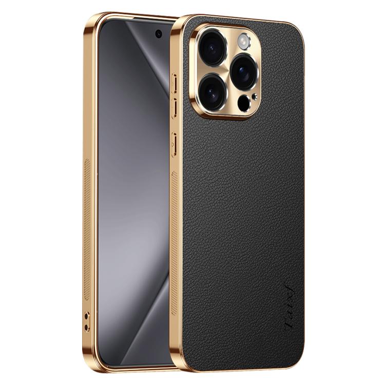 Cornice galvanizzata con texture litchi in PC + TPU, custodia per telefono in similpelle vegana., For iPhone 15 Pro Max, For iPhone 15 Pro, For iPhone 15