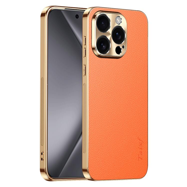 Cornice galvanizzata con texture litchi in PC + TPU, custodia per telefono in similpelle vegana., For iPhone 15 Pro Max, For iPhone 15 Pro, For iPhone 15