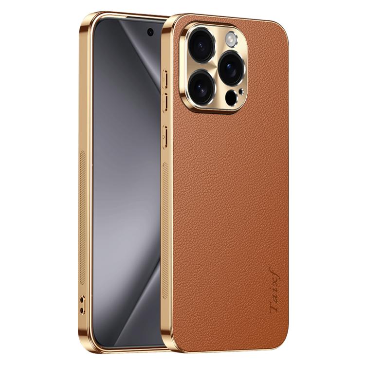 Cornice galvanizzata con texture litchi in PC + TPU, custodia per telefono in similpelle vegana., For iPhone 15 Pro Max, For iPhone 15 Pro, For iPhone 15