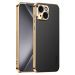Cornice galvanizzata con texture litchi in PC + TPU, custodia per telefono in similpelle vegana., For iPhone 15 Pro Max, For iPhone 15 Pro, For iPhone 15