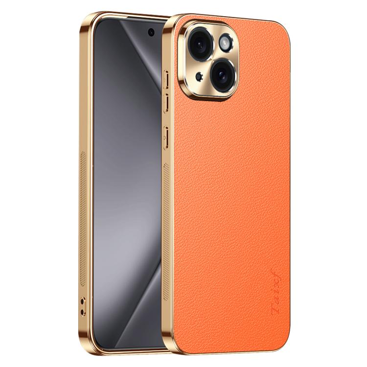 Cornice galvanizzata con texture litchi in PC + TPU, custodia per telefono in similpelle vegana., For iPhone 15 Pro Max, For iPhone 15 Pro, For iPhone 15