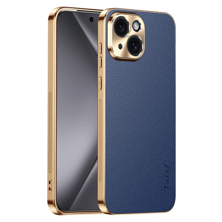 Cornice galvanizzata con texture litchi in PC + TPU, custodia per telefono in similpelle vegana., For iPhone 15 Pro Max, For iPhone 15 Pro, For iPhone 15