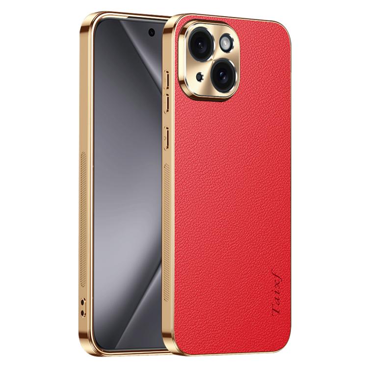 Cornice galvanizzata con texture litchi in PC + TPU, custodia per telefono in similpelle vegana., For iPhone 15 Pro Max, For iPhone 15 Pro, For iPhone 15