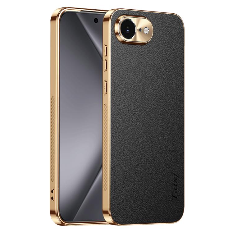Cornice galvanizzata con texture litchi in PC + TPU, custodia per telefono in similpelle vegana., For iPhone 17e / 16e, For iPhone 16 Pro Max, For iPhone 16 Pro, For iPhone 16