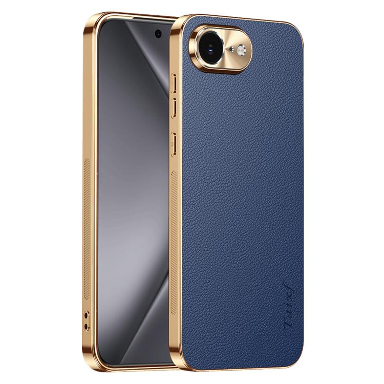 Cornice galvanizzata con texture litchi in PC + TPU, custodia per telefono in similpelle vegana., For iPhone 17e / 16e, For iPhone 16 Pro Max, For iPhone 16 Pro, For iPhone 16