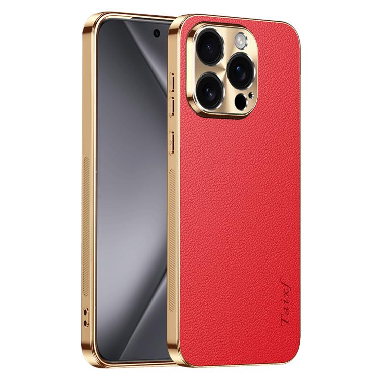 Cornice galvanizzata con texture litchi in PC + TPU, custodia per telefono in similpelle vegana., For iPhone 17e / 16e, For iPhone 16 Pro Max, For iPhone 16 Pro, For iPhone 16