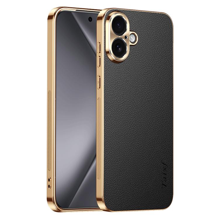 Cornice galvanizzata con texture litchi in PC + TPU, custodia per telefono in similpelle vegana., For iPhone 17e / 16e, For iPhone 16 Pro Max, For iPhone 16 Pro, For iPhone 16