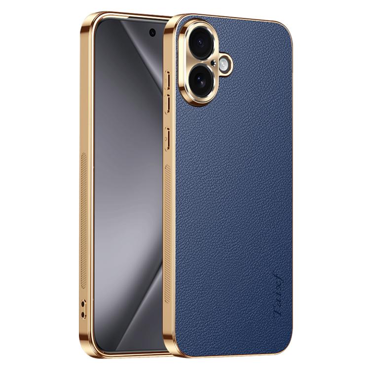 Cornice galvanizzata con texture litchi in PC + TPU, custodia per telefono in similpelle vegana., For iPhone 17e / 16e, For iPhone 16 Pro Max, For iPhone 16 Pro, For iPhone 16