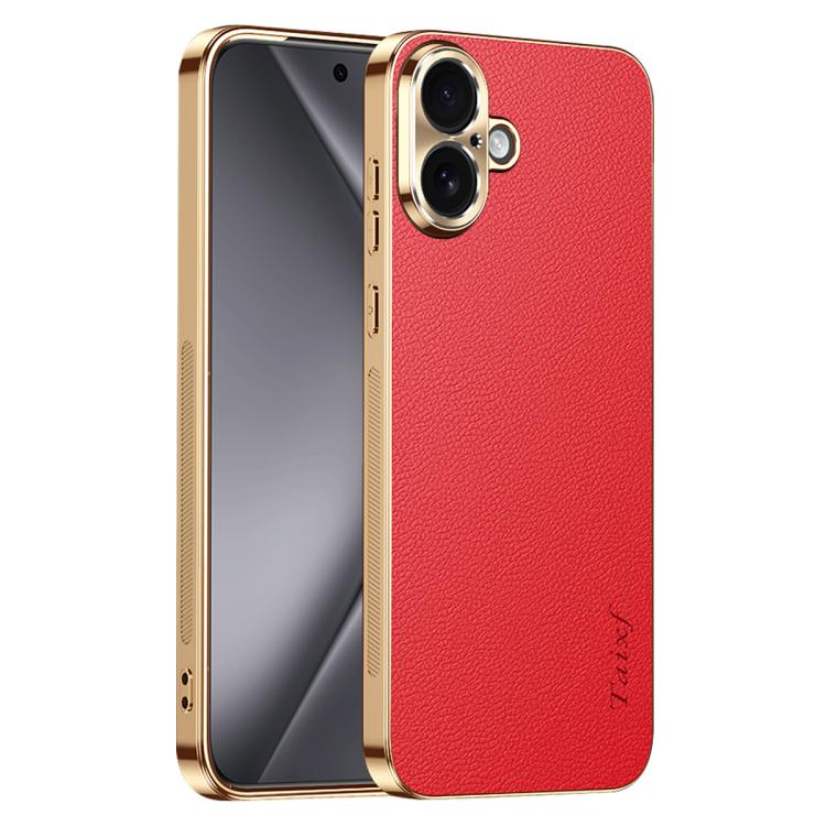 Cornice galvanizzata con texture litchi in PC + TPU, custodia per telefono in similpelle vegana., For iPhone 17e / 16e, For iPhone 16 Pro Max, For iPhone 16 Pro, For iPhone 16