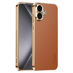 Cornice galvanizzata con texture litchi in PC + TPU, custodia per telefono in similpelle vegana., For iPhone 17e / 16e, For iPhone 16 Pro Max, For iPhone 16 Pro, For iPhone 16
