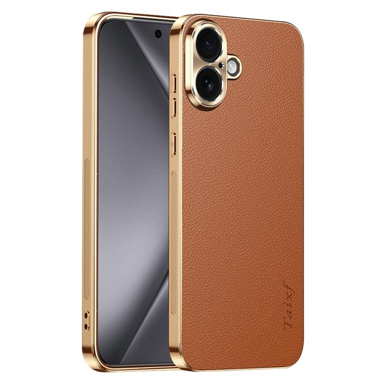 Cornice galvanizzata con texture litchi in PC + TPU, custodia per telefono in similpelle vegana., For iPhone 17e / 16e, For iPhone 16 Pro Max, For iPhone 16 Pro, For iPhone 16