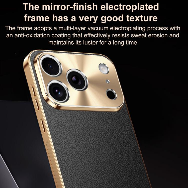 Cornice galvanizzata con texture litchi in PC + TPU, custodia per telefono in similpelle vegana., For iPhone 17e / 16e, For iPhone 16 Pro Max, For iPhone 16 Pro, For iPhone 16