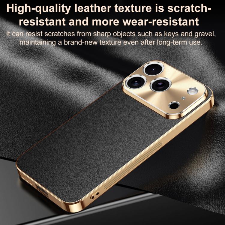 Cornice galvanizzata con texture litchi in PC + TPU, custodia per telefono in similpelle vegana., For iPhone 17e / 16e, For iPhone 16 Pro Max, For iPhone 16 Pro, For iPhone 16
