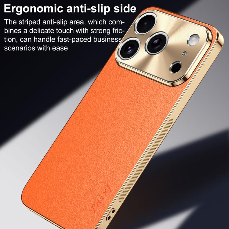 Cornice galvanizzata con texture litchi in PC + TPU, custodia per telefono in similpelle vegana., For iPhone 17e / 16e, For iPhone 16 Pro Max, For iPhone 16 Pro, For iPhone 16