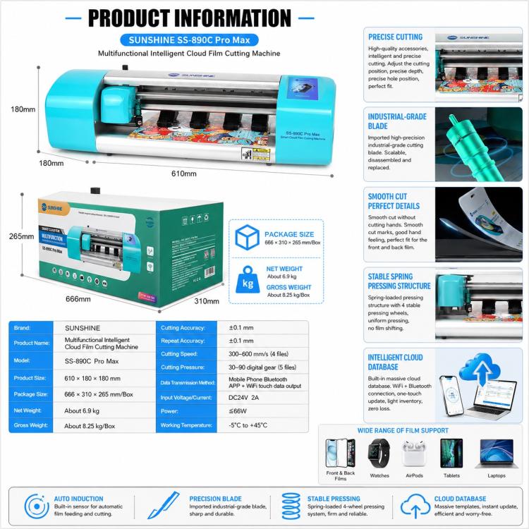 SUNSHINE SS-890C Pro Max Macchina da taglio automatica a doppia intelligenza per pellicole idrogel flessibili da 16 pollici, AU Plug, EU Plug, UK Plug, US Plug