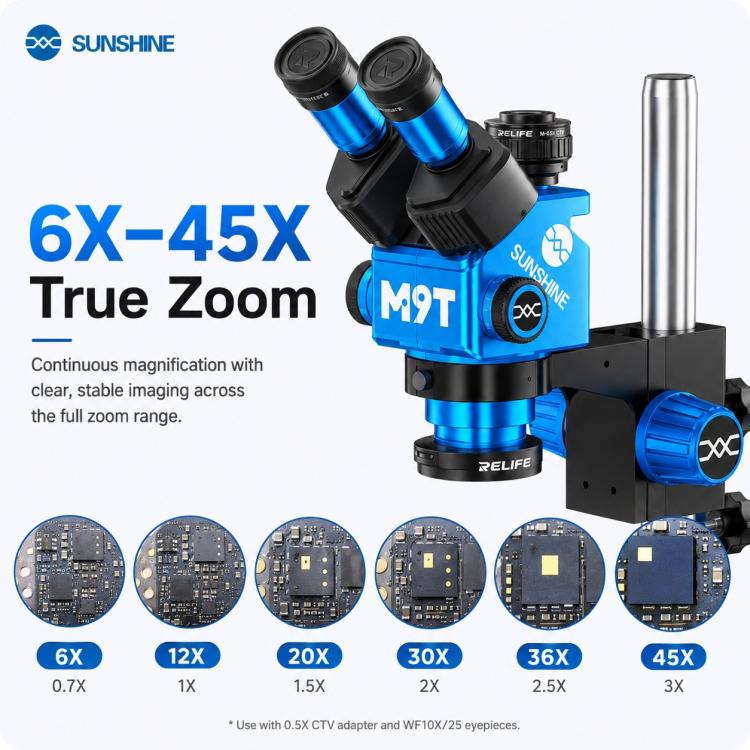 Microscopio stereoscopico trinoculare HD SUNSHINE M9T-B11 con zoom continuo 6X-45X.
