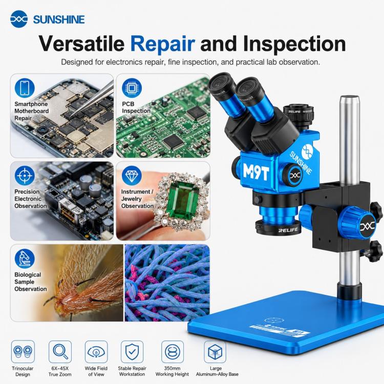 Microscopio stereoscopico trinoculare HD SUNSHINE M9T-B11 con zoom continuo 6X-45X.