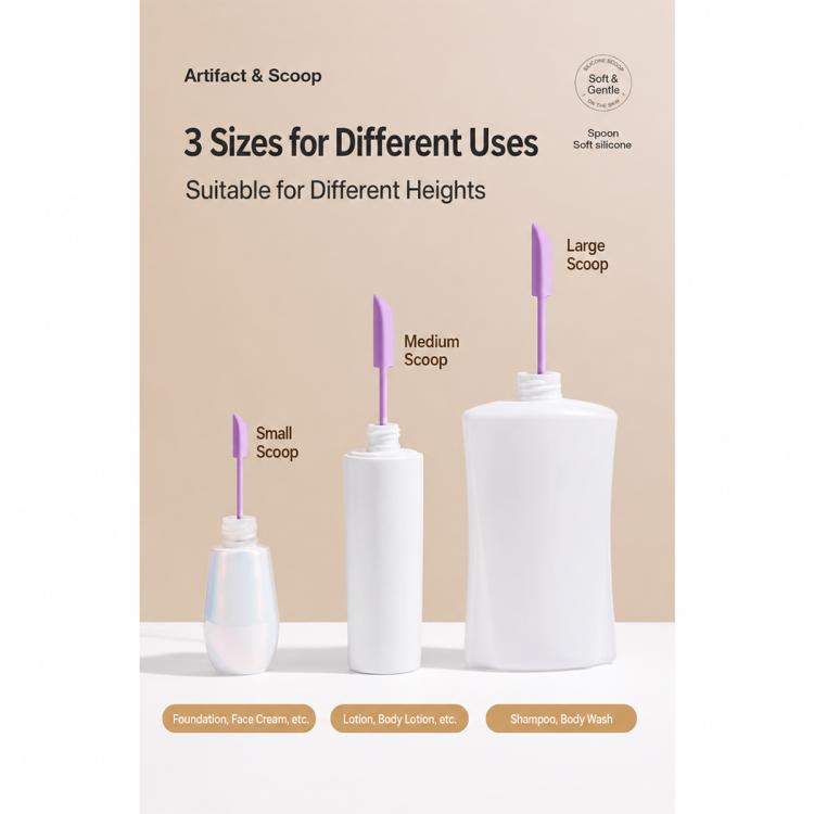 Set di 3 mini spatole raschianti in silicone a doppia testa per flaconi cosmetici.