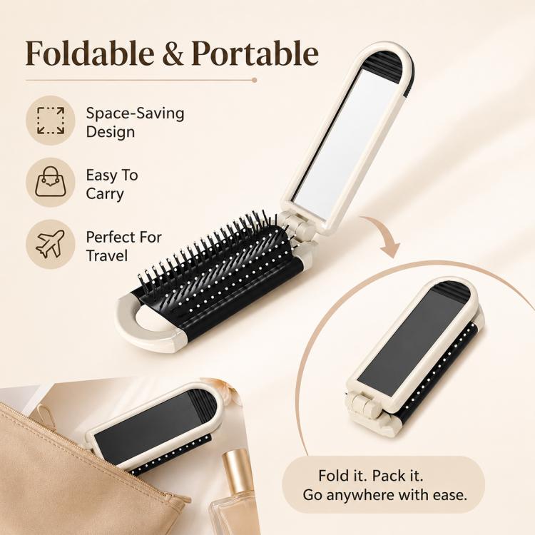 Specchio massaggiante pieghevole portatile 2 in 1 con cuscino ad aria, pettine e specchio, White