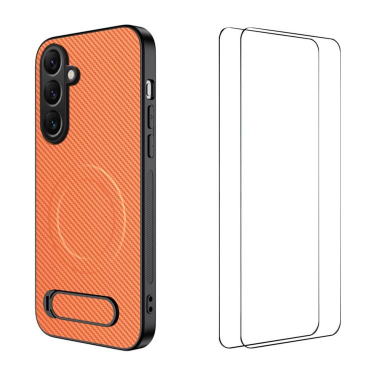 WANLONFENG Custodia per telefono magnetica con supporto integrato e texture in fibra di carbonio, con 2 pellicole protettive per lo schermo incluse., For Galaxy S26 FE 5G