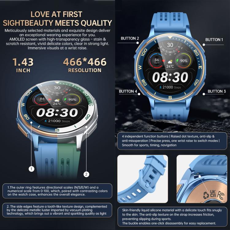 Smartwatch sportivo GPS S99 da 1,43 pollici, con supporto per chiamate Bluetooth, monitoraggio della frequenza cardiaca, dell'ossigeno nel sangue e del sonno.