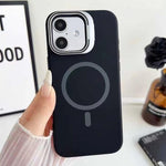 Custodia magnetica per telefono in silicone liquido con supporto per obiettivo, For iPhone 16 Plus, For iPhone 16, For iPhone 15 Pro Max