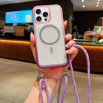 Custodia magnetica per telefono con glitter trasparenti sfumati e cordino lungo., For iPhone 15 Pro, For iPhone 15