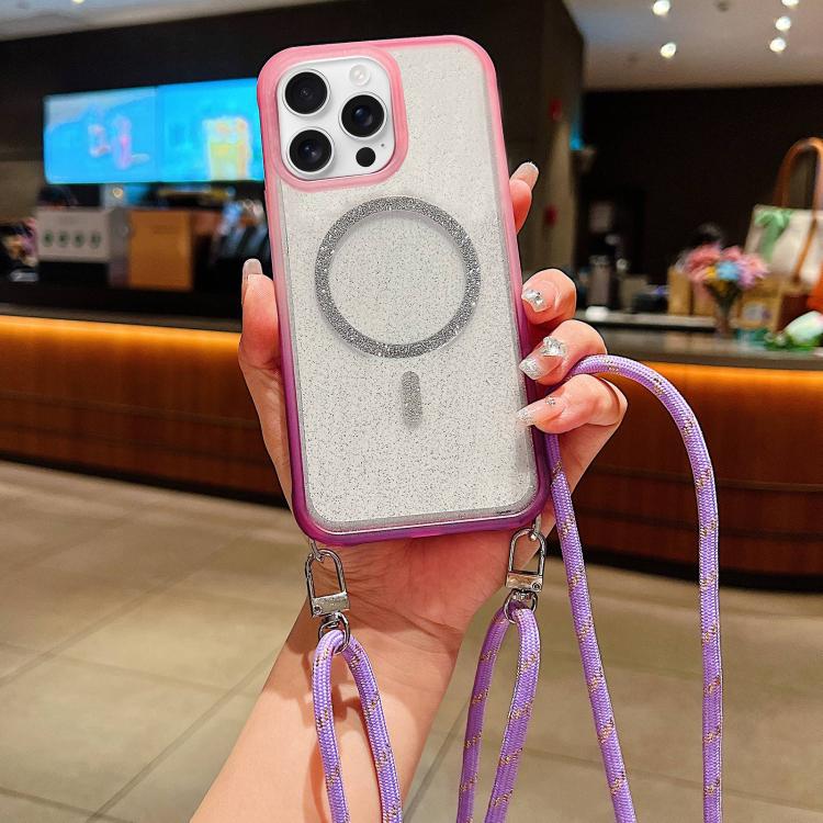 Custodia magnetica per telefono con glitter trasparenti sfumati e cordino lungo., For iPhone 15 Pro, For iPhone 15