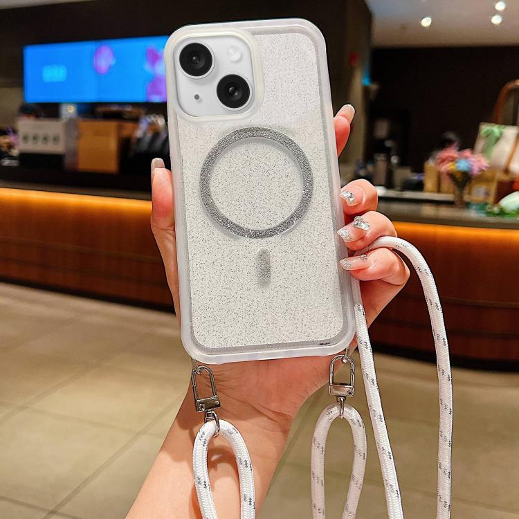 Custodia magnetica per telefono con glitter trasparenti sfumati e cordino lungo., For iPhone 15 Pro, For iPhone 15
