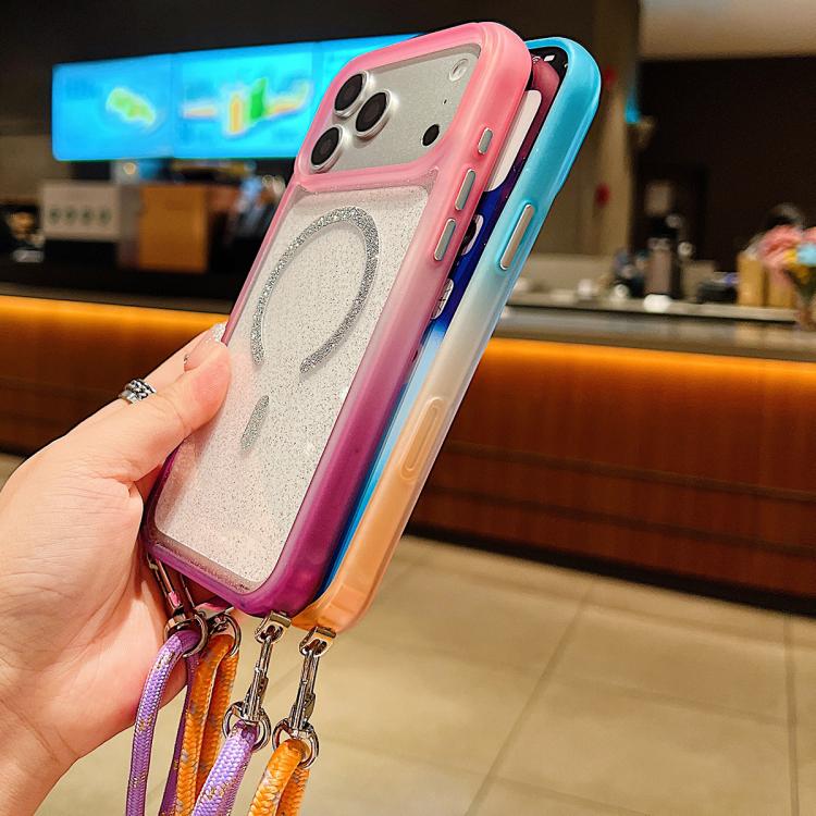 Custodia magnetica per telefono con glitter trasparenti sfumati e cordino lungo., For iPhone 15 Pro, For iPhone 15