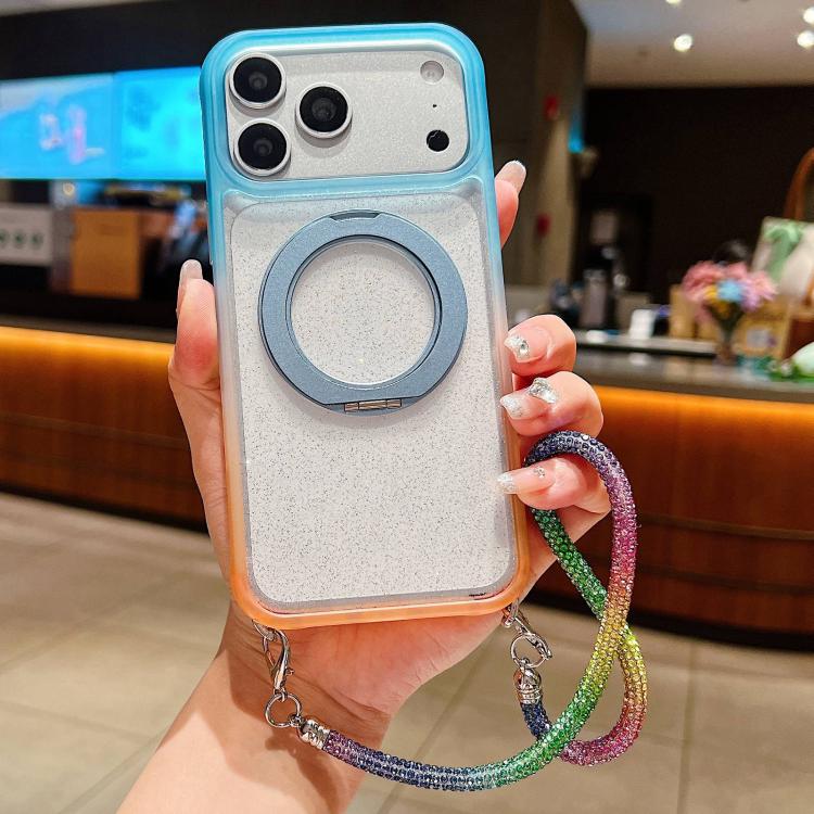 Custodia per telefono con supporto magnetico girevole e cinturino da polso, trasparente con effetto sfumato glitterato., For iPhone 17 Pro Max, For iPhone 17 Pro, For iPhone 17, For iPhone 16 Pro Max, For iPhone 16 Pro, For iPhone 15 Pro Max