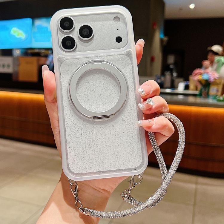 Custodia per telefono con supporto magnetico girevole e cinturino da polso, trasparente con effetto sfumato glitterato., For iPhone 17 Pro Max, For iPhone 17 Pro, For iPhone 17, For iPhone 16 Pro Max, For iPhone 16 Pro, For iPhone 15 Pro Max