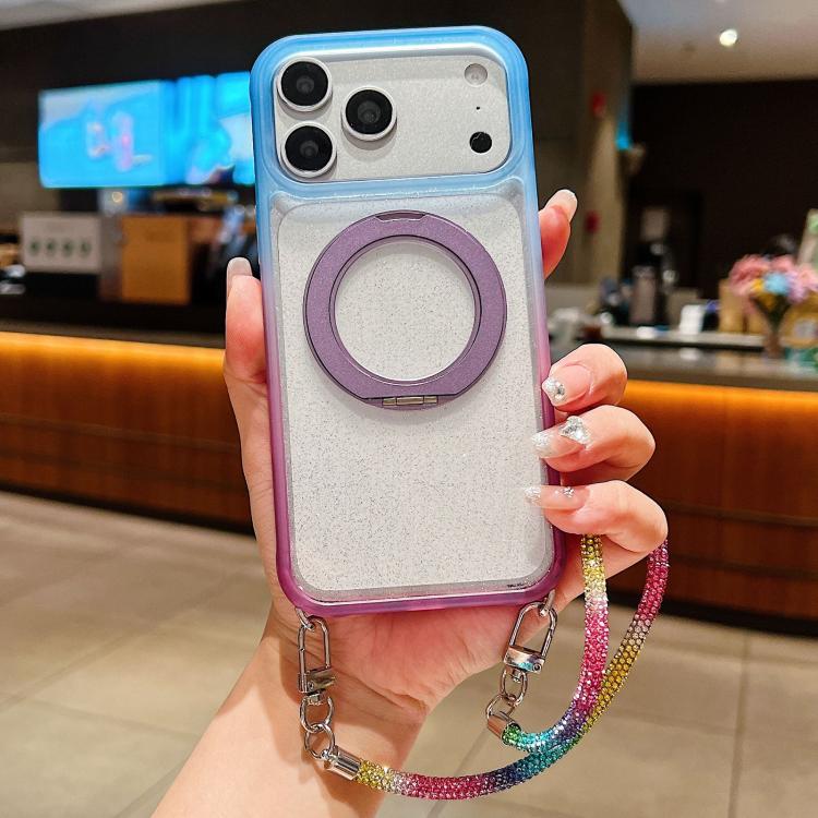 Custodia per telefono con supporto magnetico girevole e cinturino da polso, trasparente con effetto sfumato glitterato., For iPhone 17 Pro Max, For iPhone 17 Pro, For iPhone 17, For iPhone 16 Pro Max, For iPhone 16 Pro, For iPhone 15 Pro Max