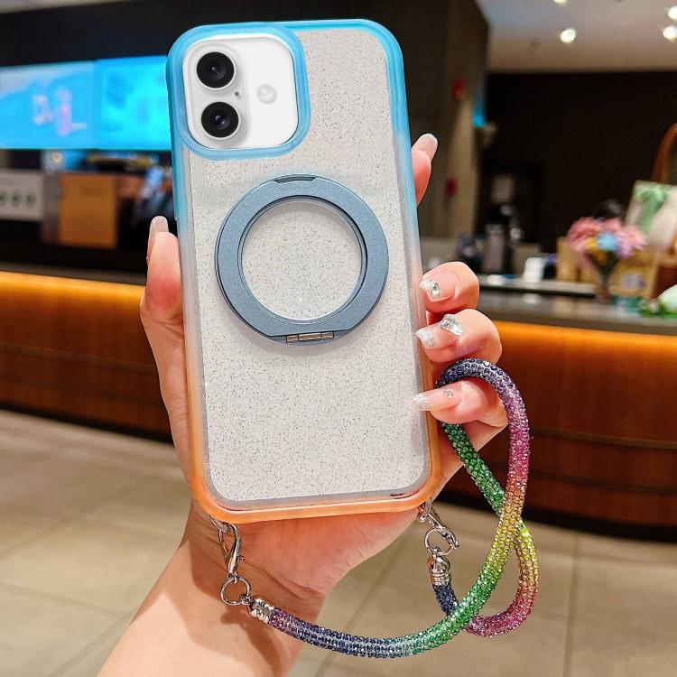 Custodia per telefono con supporto magnetico girevole e cinturino da polso, trasparente con effetto sfumato glitterato., For iPhone 17 Pro Max, For iPhone 17 Pro, For iPhone 17, For iPhone 16 Pro Max, For iPhone 16 Pro, For iPhone 15 Pro Max